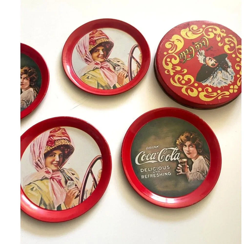 1993 Coca Cola Coasters Metal 3.5 Inch Tin Retro Drink Coke Vintage Lot of 6 Red